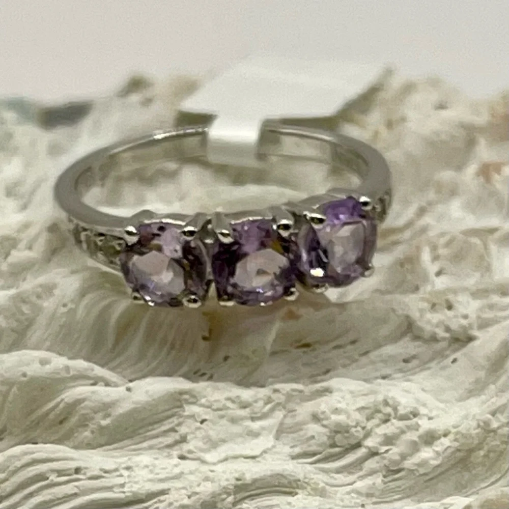 Amethyst Topaz Ring Three-Stone Round Cut Rhodium Sterling Silver Purple W 7 NWT - Picture 7 of 17